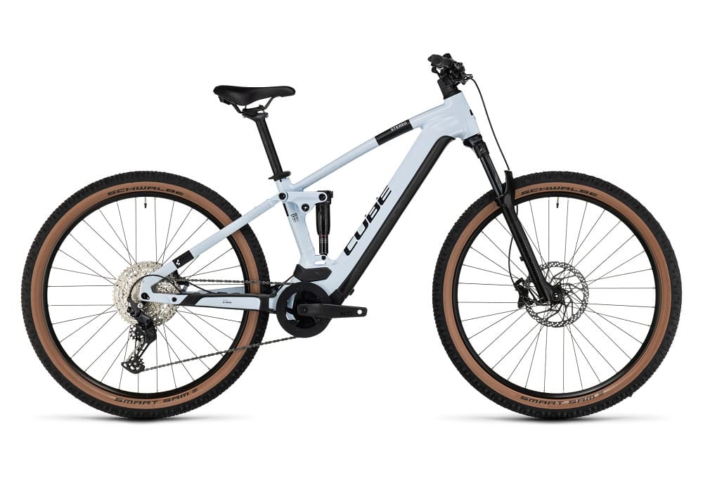 VTT Électrique Tout-Suspendu Cube Stereo Hybrid 120 Pro 750 Shimano Deore 12V 750 Wh 29" Blanc Flash 2023