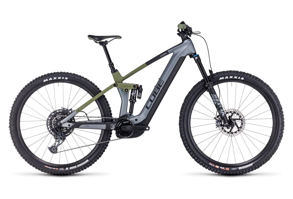 VTT Électrique Tout-Suspendu Cube Stereo Hybrid 140 HPC TM 750 Sram GX Eagle 12V 750 Wh 27.5" Gris Vert 2023